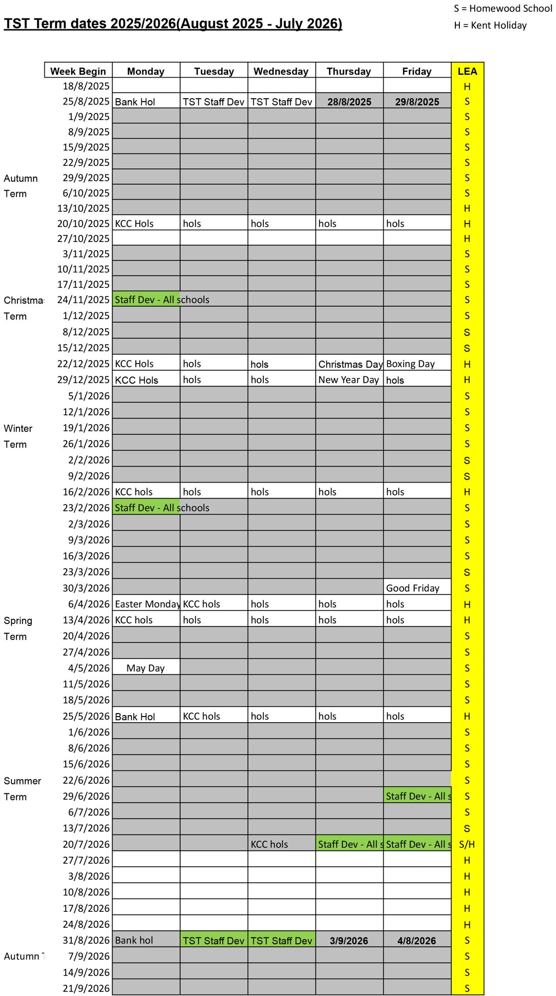 TST Schools Calendars 2025 26